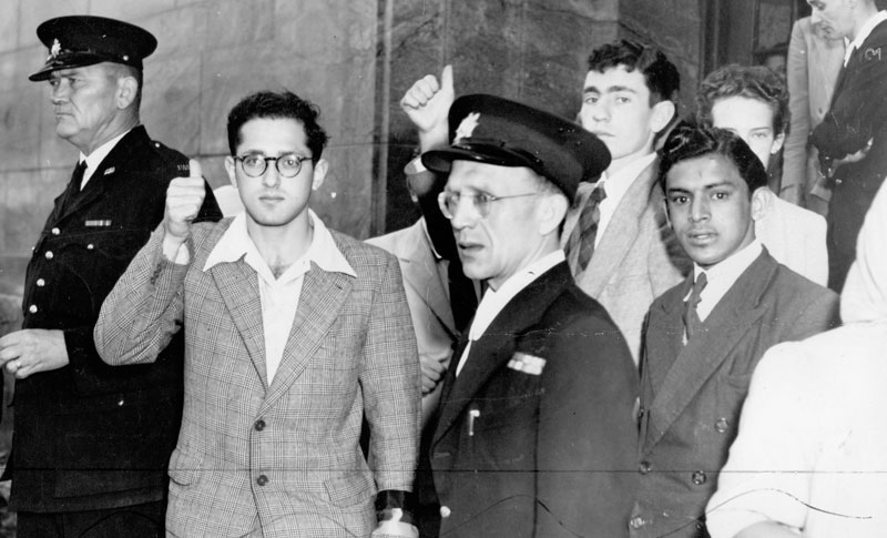 Albie (with tie) being arrested with Hymie Rochman and Mary Butcher after sitting on seats marked ‘Non-Whites Only’ at the Cape Town General Post Office.