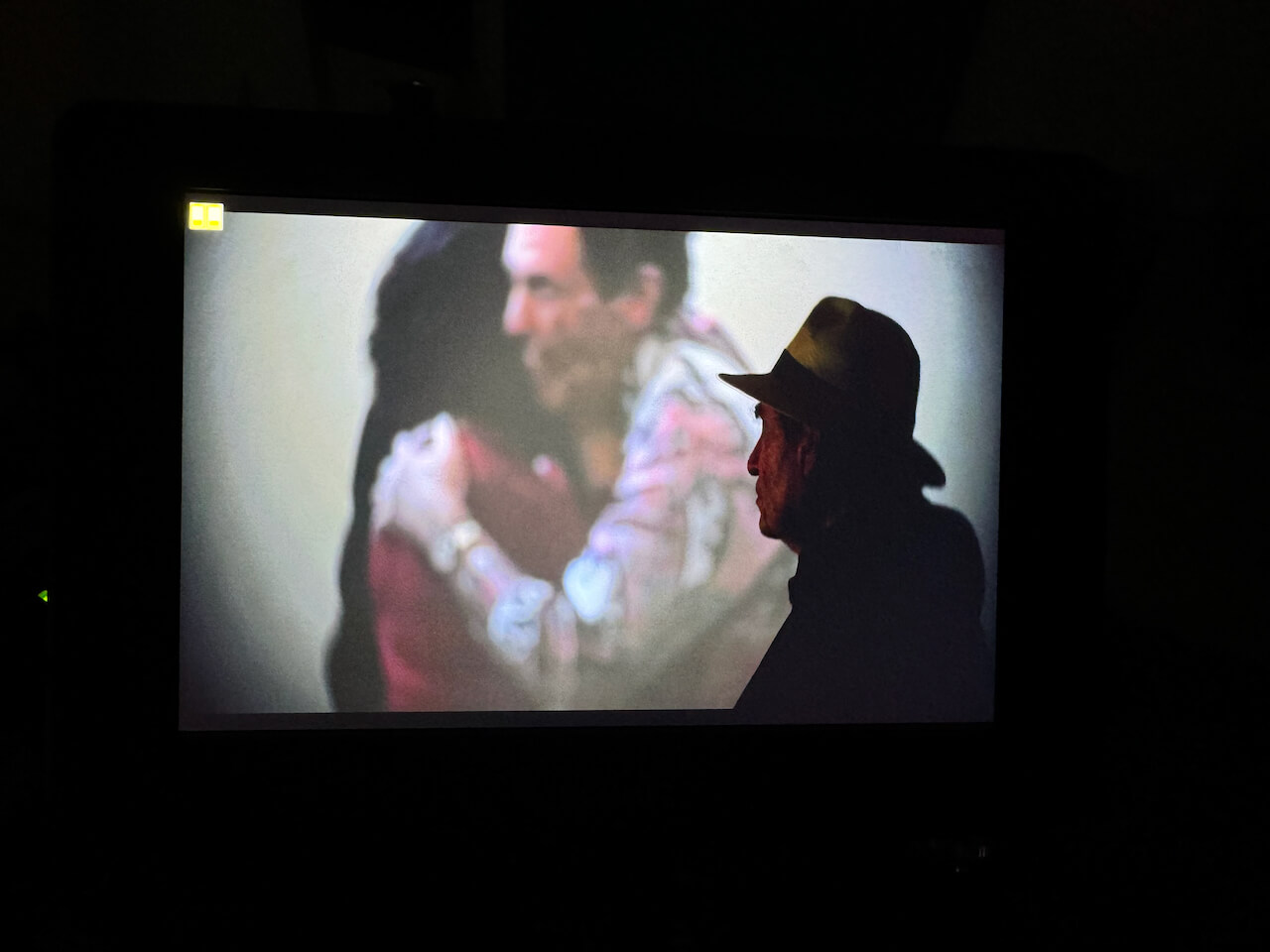 Albie watching projection of video clip from wedding - hugging Vanessa