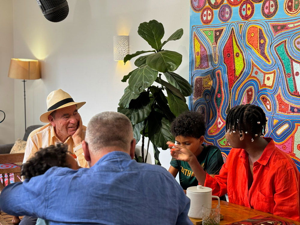 Albie, son Michael Sachs and family: Gadi Magagane, Mahlasedi Sachs and Lewatle Sachs in conversation at home of Michael and Gadi, Joburg.